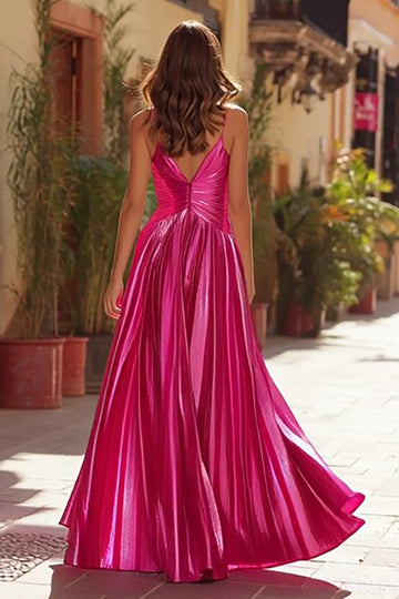 Spaghetti Straps A Line Pleated Fuchsia Prom Dress
